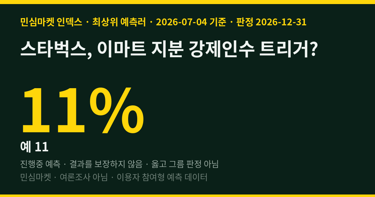 스타벅스, 이마트 지분 강제인수 트리거? 최상위 예측러 89%는 "아니오"